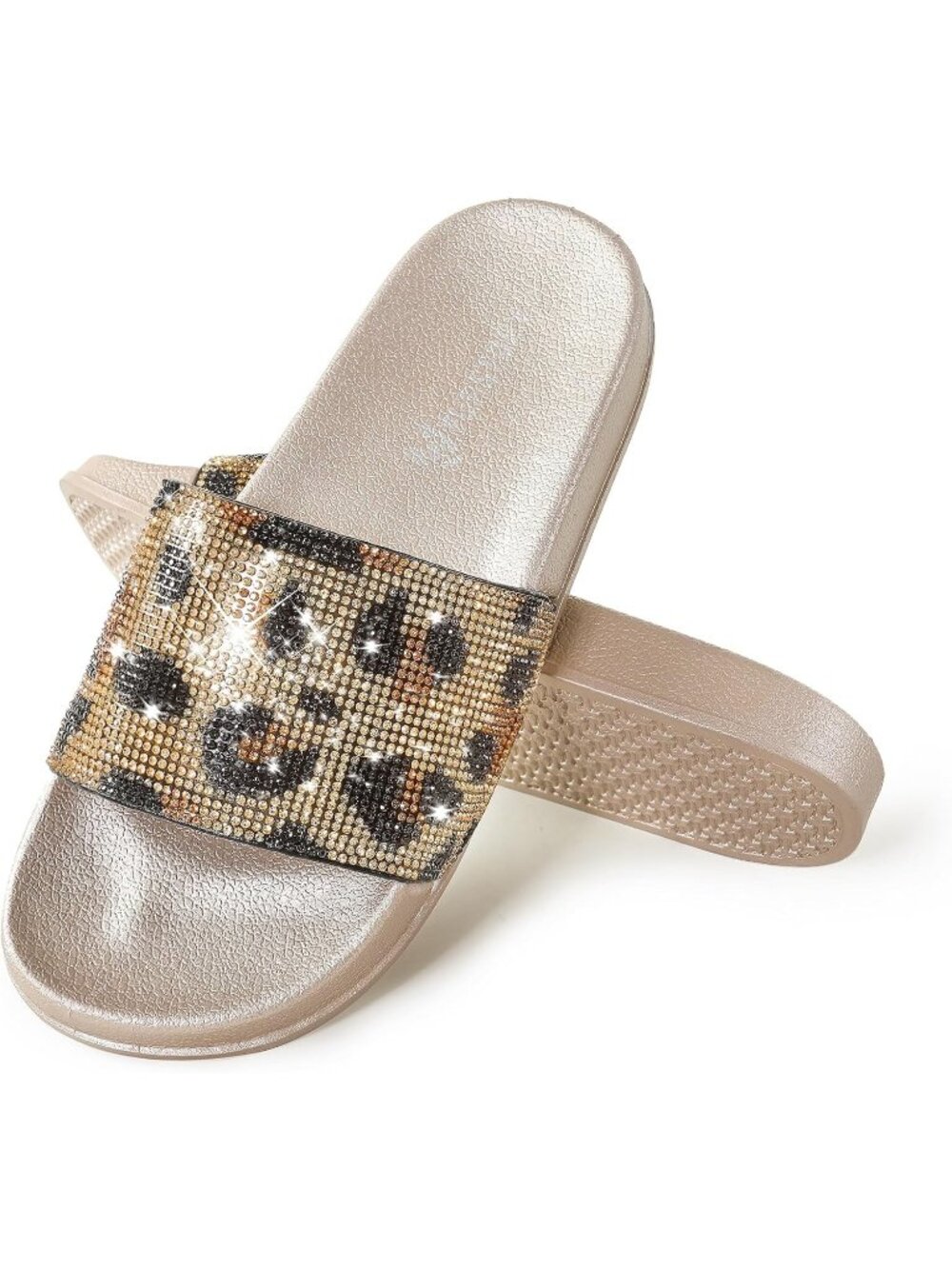 Women's Leopard Slides House Slippers Rhinestone Glitter Slides Cute bling